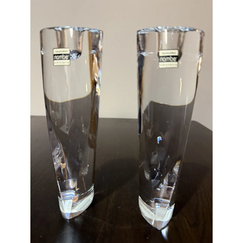 Nambe Crystal #5111 Taper Candle Holders Set of 2 Modern Sculptural Design